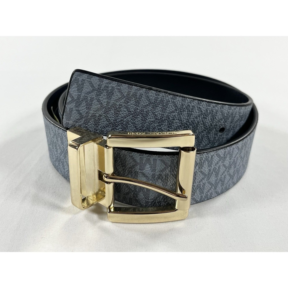 Michael Kors Womens Reversible Belt Small MK Monogram Gray Black Gold Buckle NWT